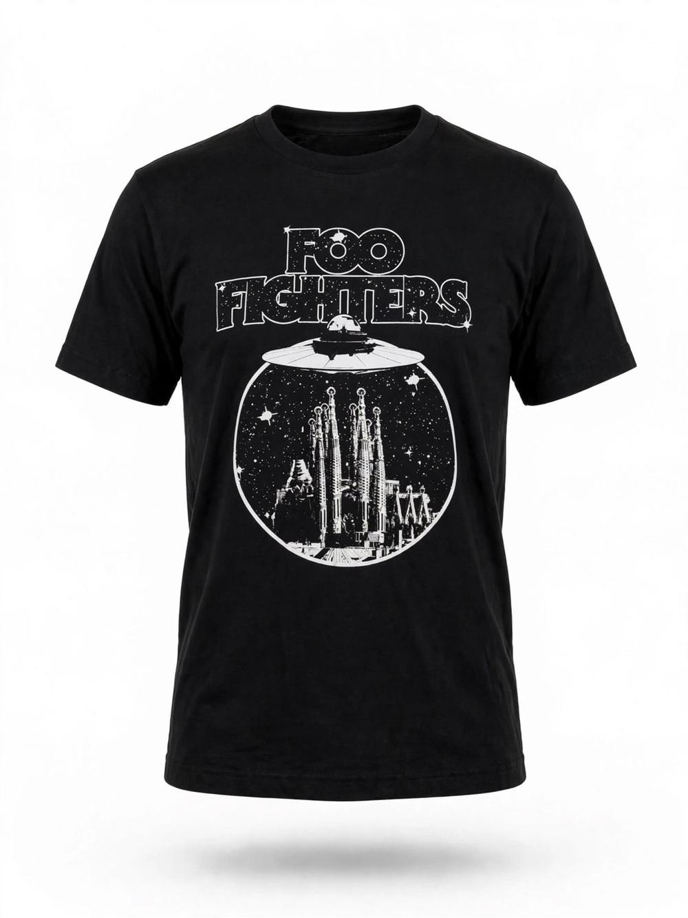 Foo Fighters black t-shirt with white UFO over cathedral graphic